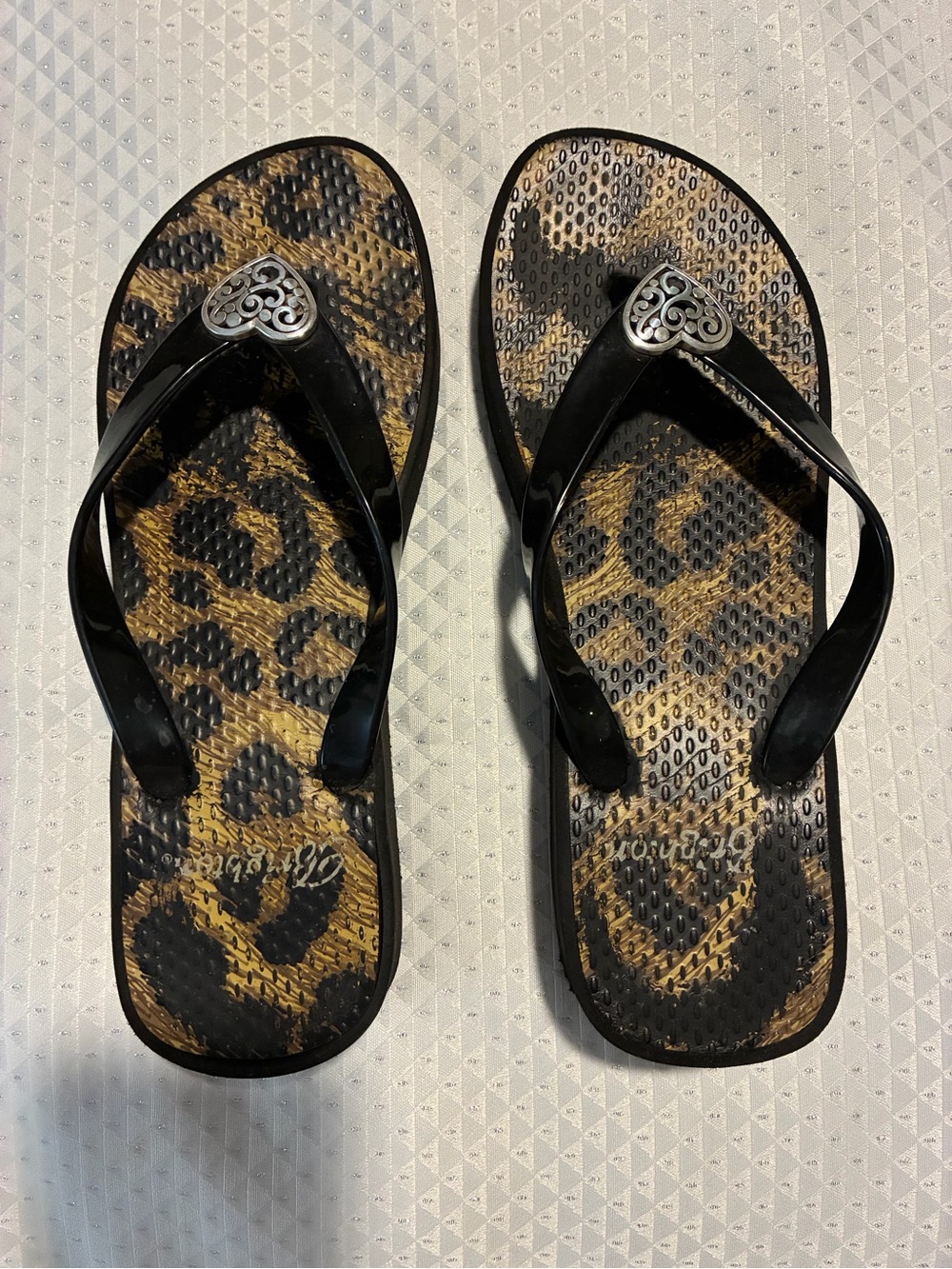 Brighton Leopard Print Black Jelly Flip Flops with Silver Heart